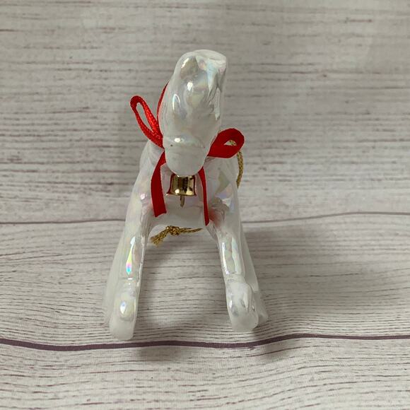White Iridescent Rocking Horse Ornament with Red Bow and Bell 3 1/4" Tall - Picture 5 of 16